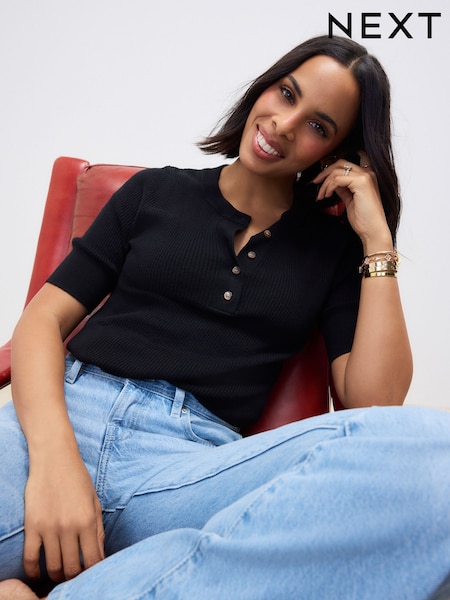 Black Button Up Crew Neck Short Sleeve Top With Linen (AG2171) | £28