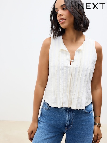 Ecru Pintuck Sleeveless Tie Front 100% Cotton Top (AJ0577) | £20