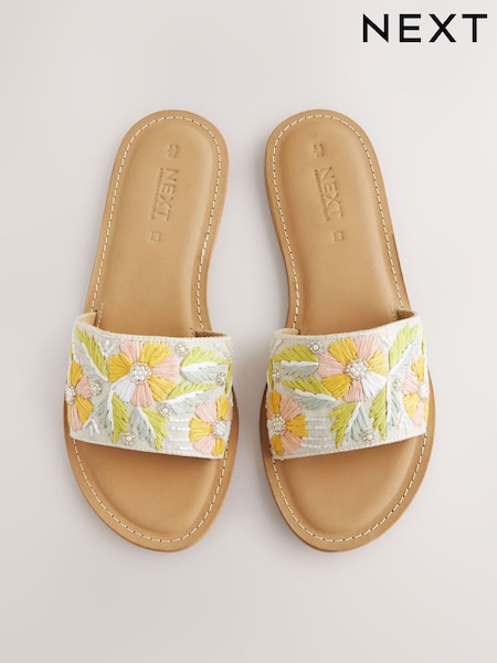 Pink Leather Standard/Wide Fit Forever Comfort® Beaded Flower Mules (AJ4712) | £34