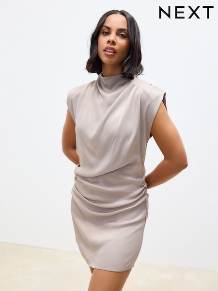 Taupe Brown High Neck Shoulder Pad Rouched Mini Dress (AW1400) | £62