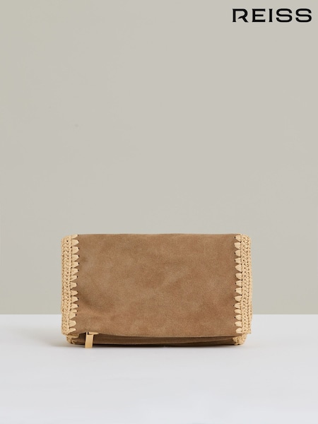 Reiss Tan Emie Suede Woven-Trim Clutch Bag (AY9916) | £148